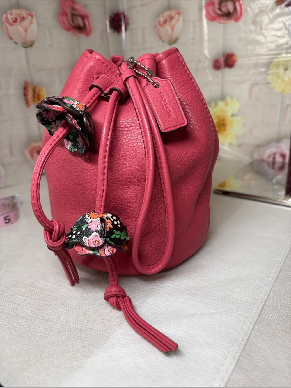 Coach Pebbled Leather Drawstring Mini Bucket Bag with 4 Leather Tea Roses - Picture 2 of 11